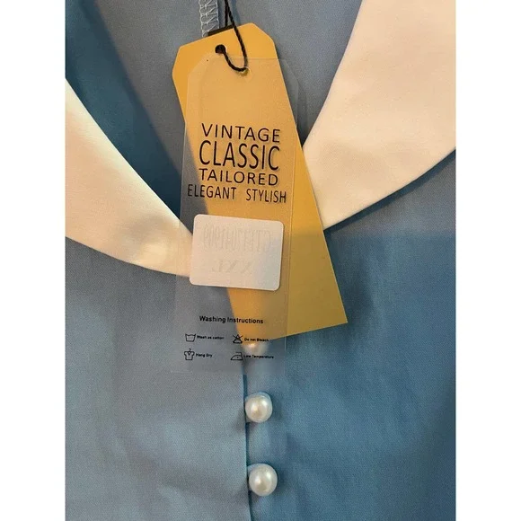 New GownTown Womens 1950s Cape Collar Vintage Swing Stretchy Blue White Dress 2X - Picture 6 of 12